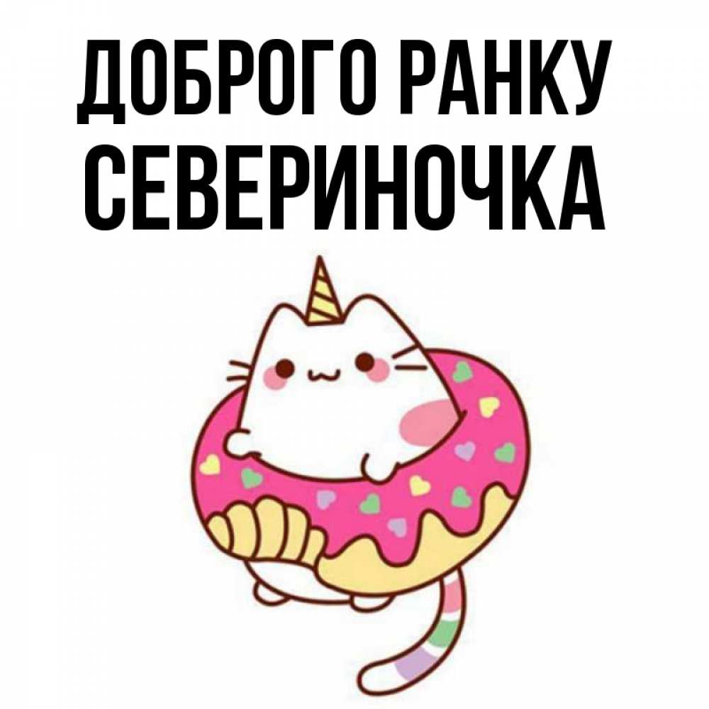 Открытка на каждый день з підписом, Севериночка Доброго ранку кот в бублике Прикольна листівка з побажанням онлайн скачати безкоштовно 