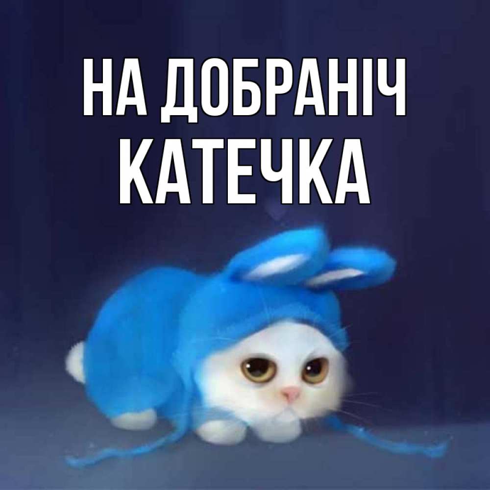 Открытка на каждый день з підписом, Катечка На добраніч кот в голубом костюме кролика с ушками Прикольна листівка з побажанням онлайн скачати безкоштовно 