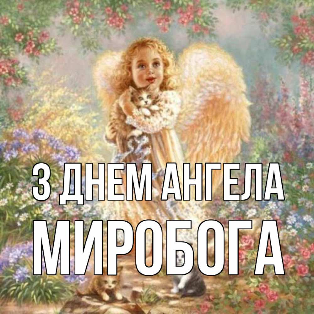 Открытка на каждый день з підписом, Миробога З Днем ангела держит котенка Прикольна листівка з побажанням онлайн скачати безкоштовно 