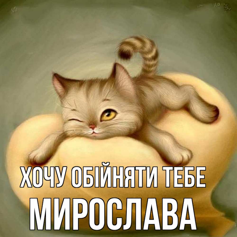Открытка на каждый день з підписом, Мирослава Хочу обійняти тебе кошечка Прикольна листівка з побажанням онлайн скачати безкоштовно 