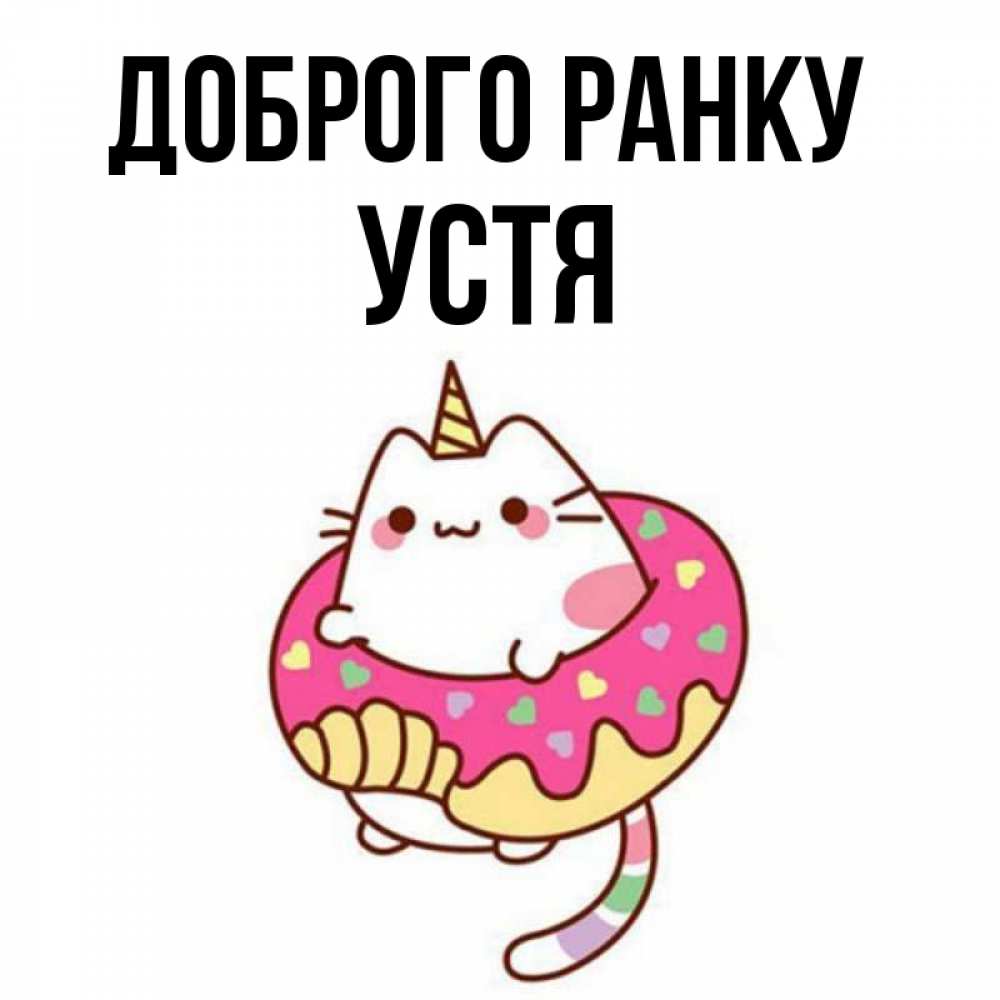 Открытка на каждый день з підписом, Устя Доброго ранку кот в бублике Прикольна листівка з побажанням онлайн скачати безкоштовно 
