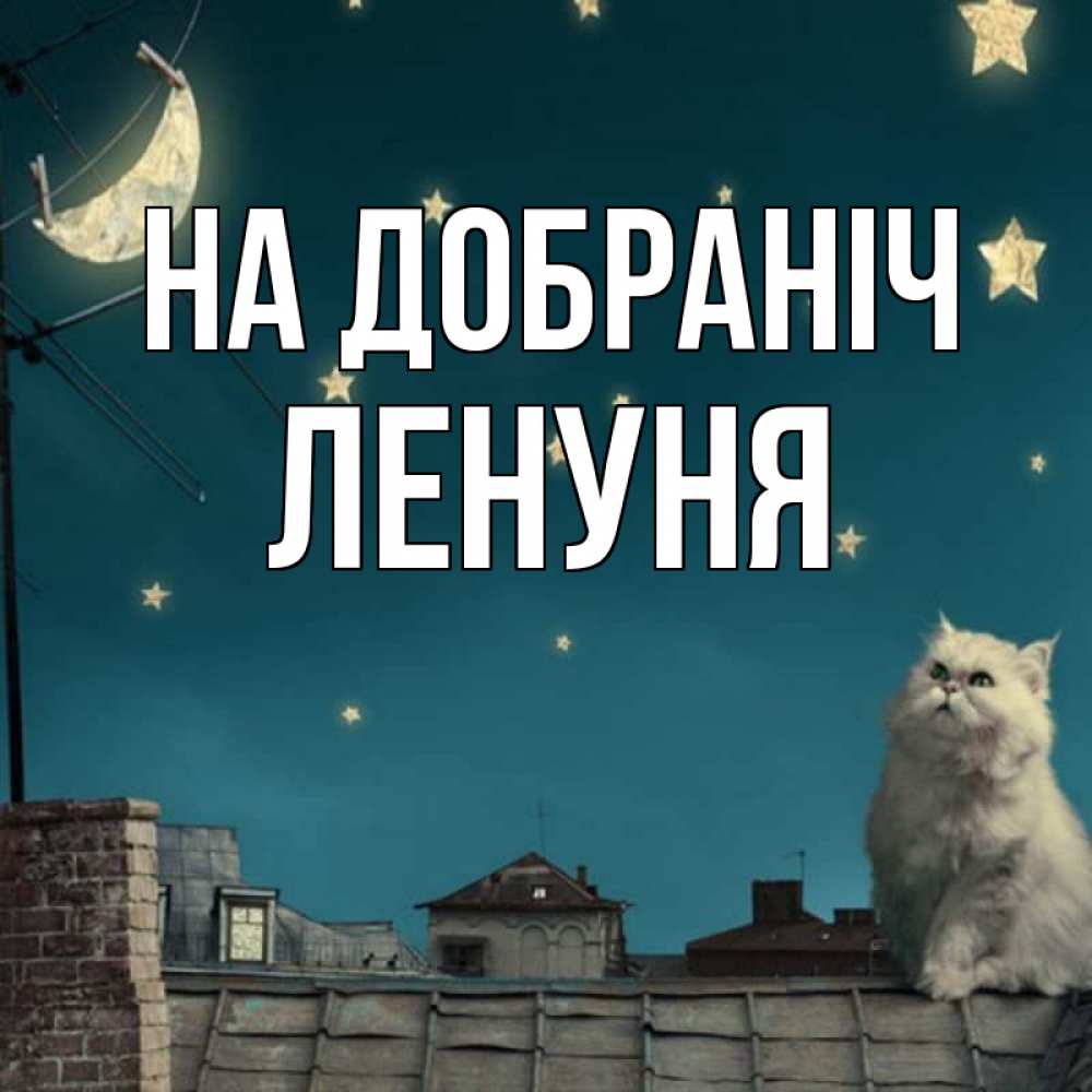 Открытка на каждый день з підписом, Ленуня На добраніч белый кот сидит на крыше Прикольна листівка з побажанням онлайн скачати безкоштовно 