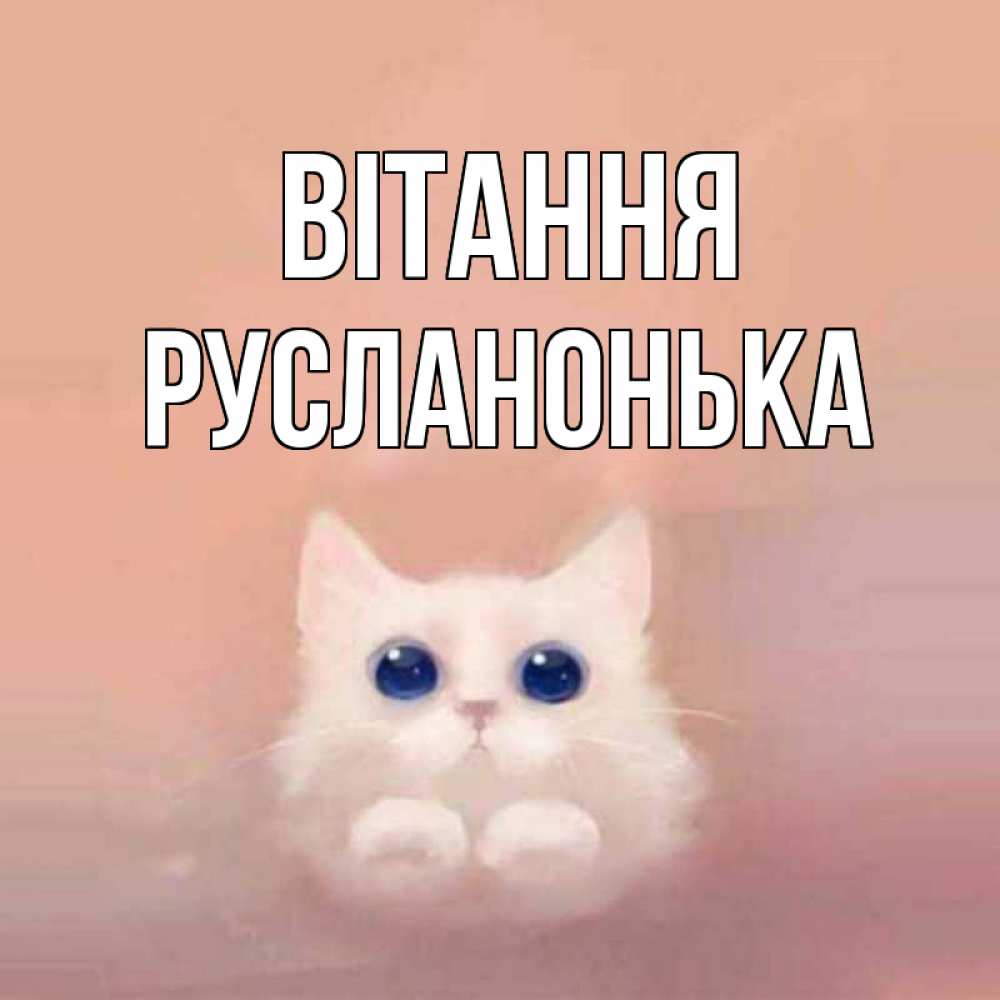 Открытка на каждый день з підписом, Русланонька Вітання котик белый в полете Прикольна листівка з побажанням онлайн скачати безкоштовно 
