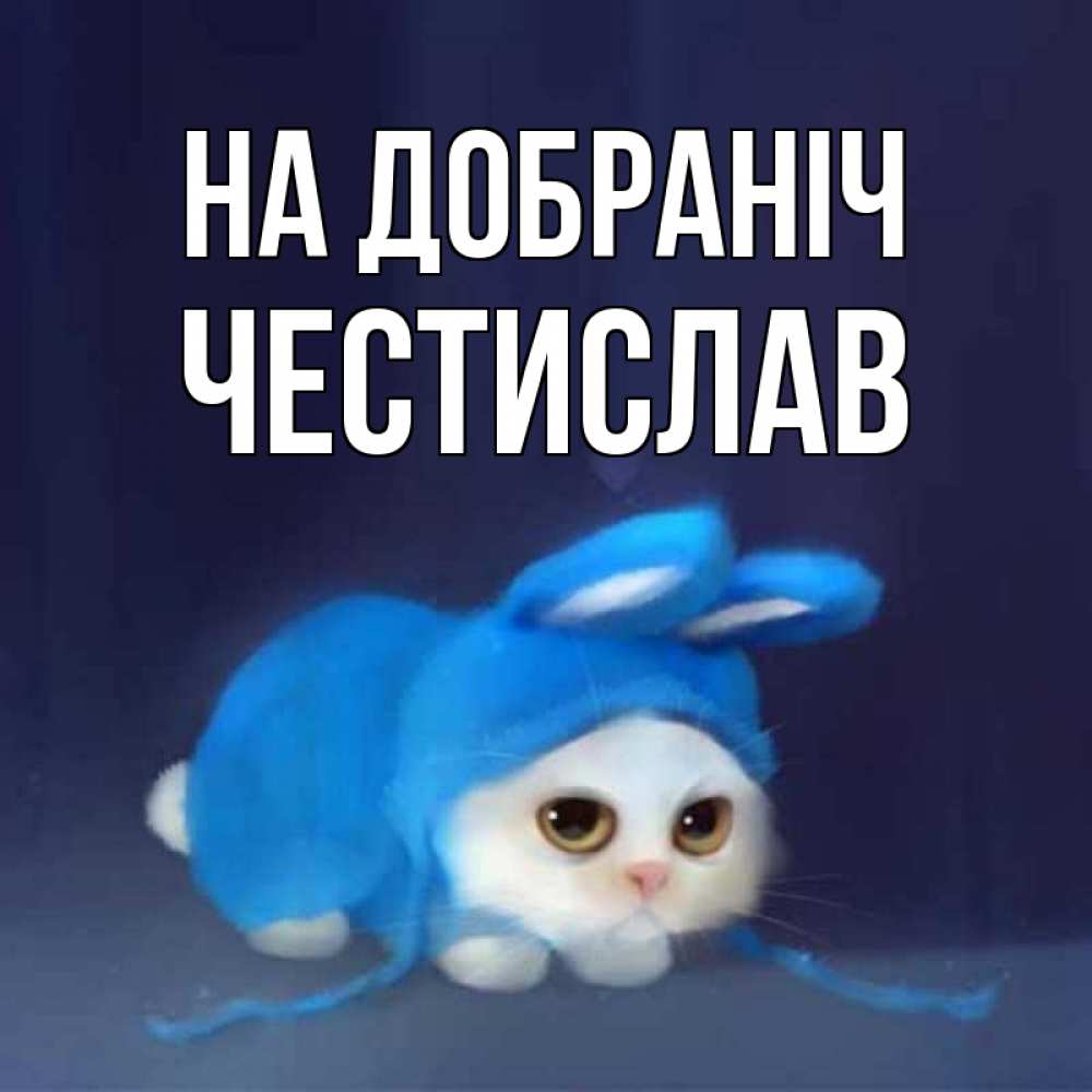 Открытка на каждый день з підписом, Честислав На добраніч кот в голубом костюме кролика с ушками Прикольна листівка з побажанням онлайн скачати безкоштовно 