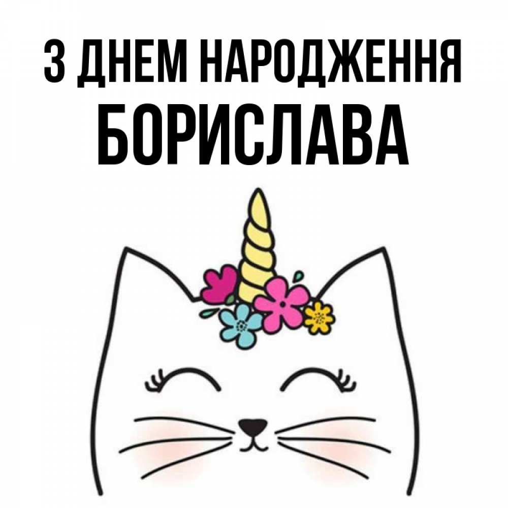 Открытка на каждый день з підписом, Борислава З Днем народження милый кот с одним рожком Прикольна листівка з побажанням онлайн скачати безкоштовно 