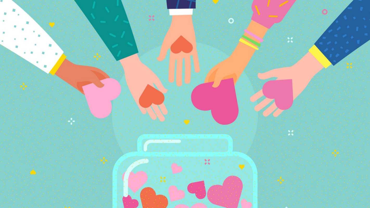 Открытка люди собирают сердца в банку  С днем волонтера  З днем ​​волонтера 