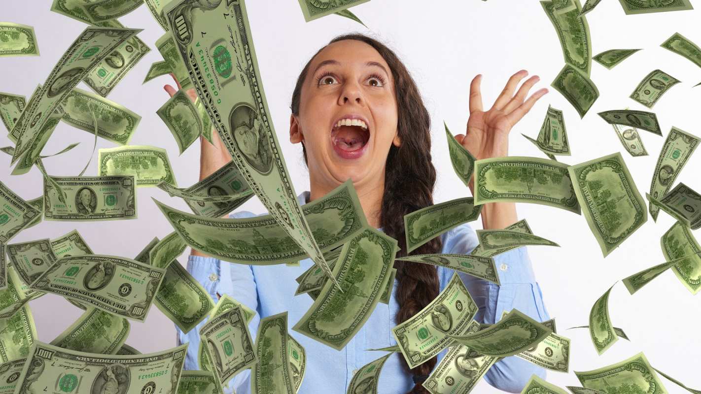 Открытка счастливый бухгалтер и летящие доллары  с днем бухгалтера  З днем ​​бухгалтера 