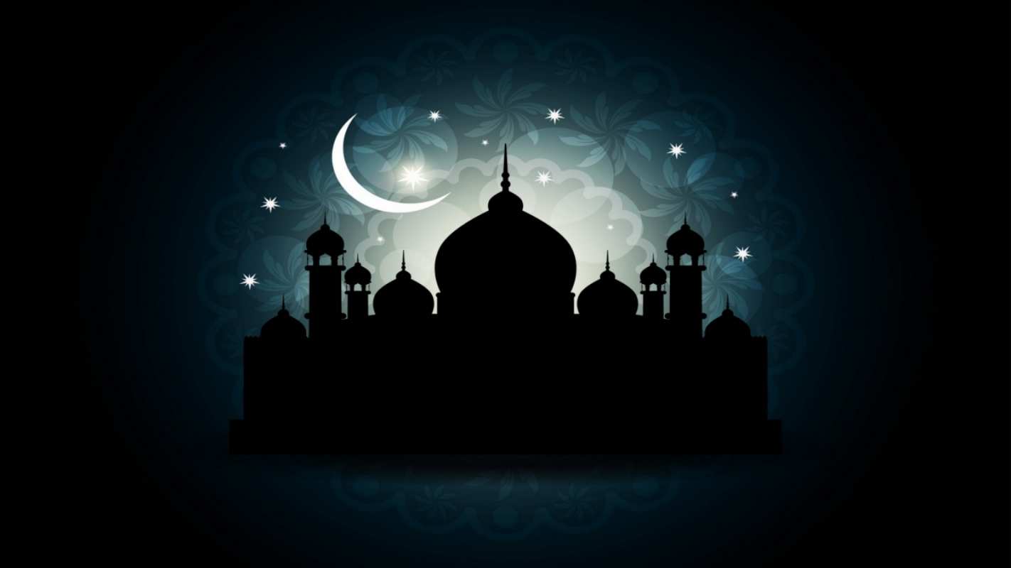 Открытка мечеть и месяц со звездным небом  мечеть  З курбан айтом 