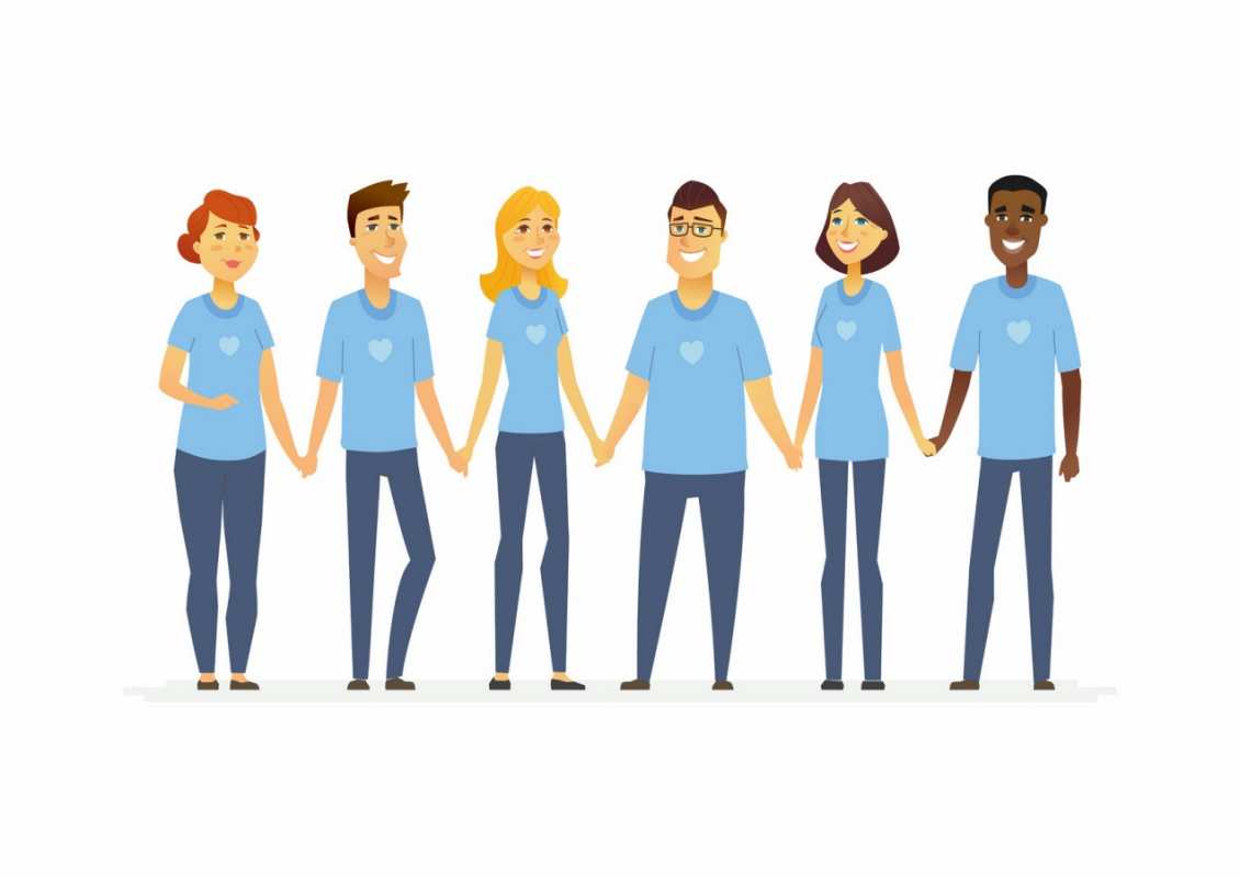 Открытка волонтеры всего мира в синих футболках  С днем волонтера  З днем ​​волонтера 