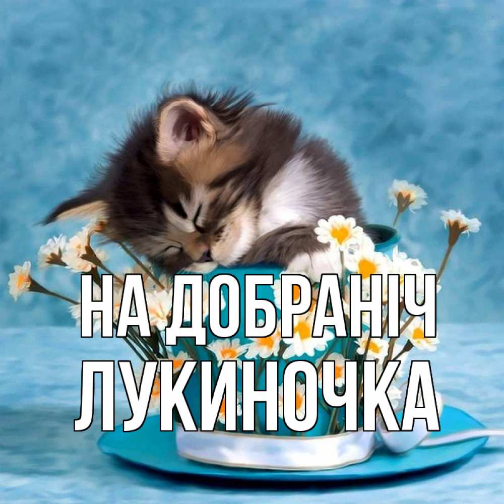 Открытка на каждый день з підписом, Лукиночка На добраніч котенок спит в кружке с блюдцем Прикольна листівка з побажанням онлайн скачати безкоштовно 