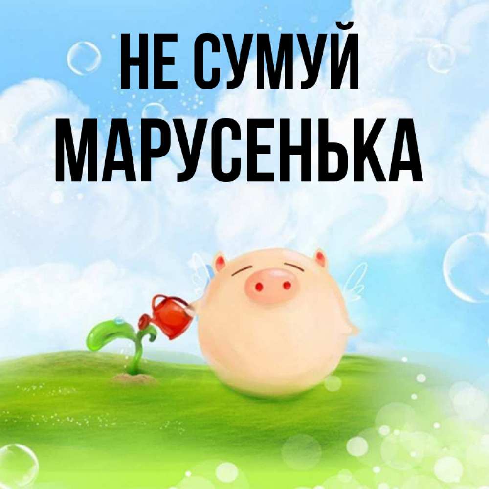 Открытка на каждый день з підписом, Марусенька Не сумуй поливает цветок порося Прикольна листівка з побажанням онлайн скачати безкоштовно 