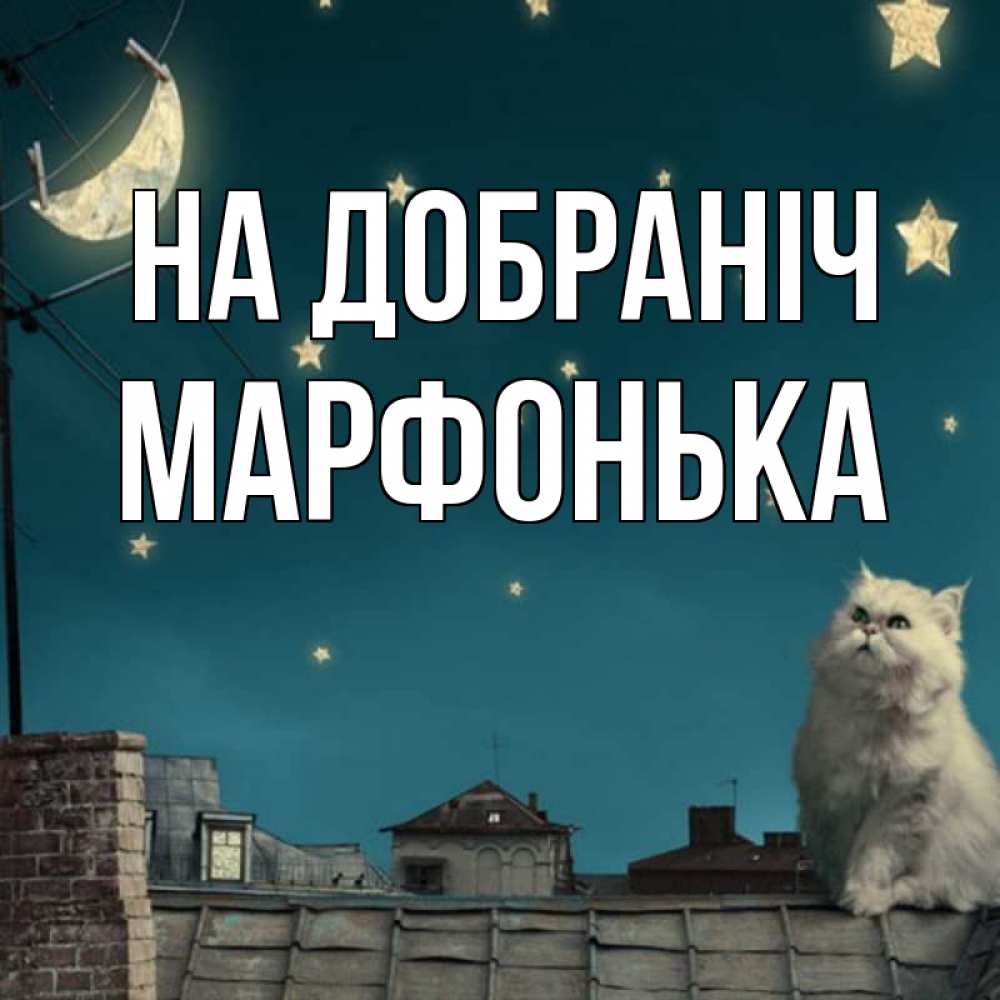 Открытка на каждый день з підписом, Марфонька На добраніч белый кот сидит на крыше Прикольна листівка з побажанням онлайн скачати безкоштовно 