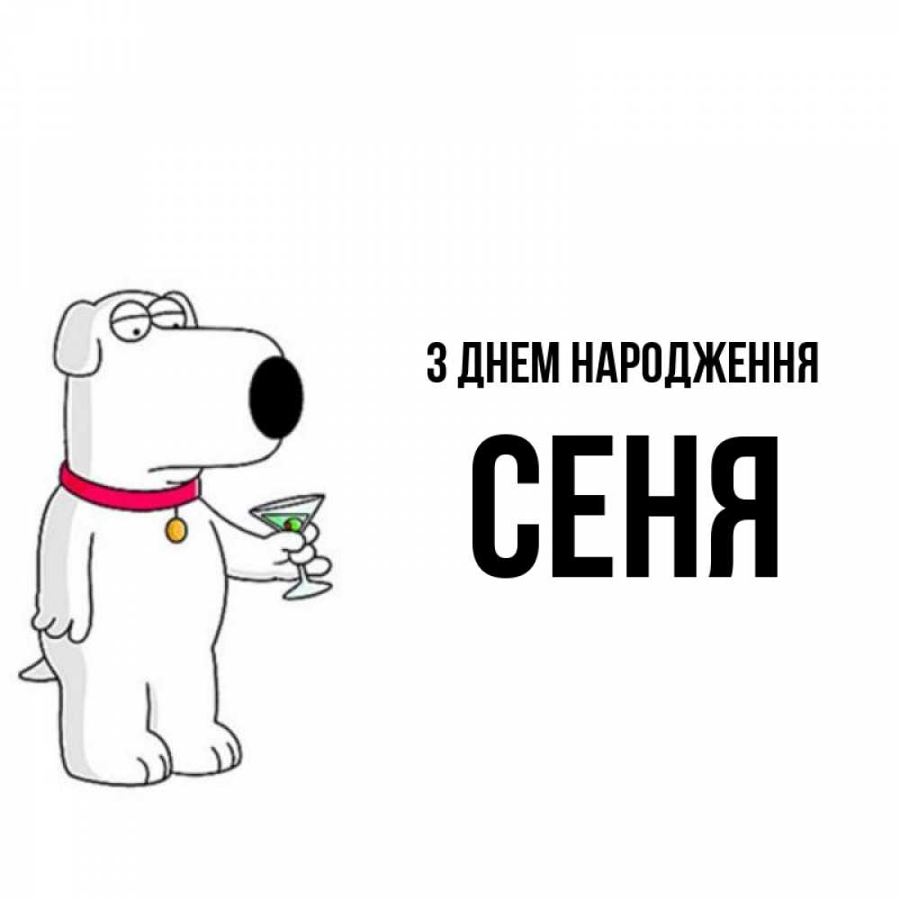 Открытка на каждый день з підписом, Сеня З Днем народження песик с оливками Прикольна листівка з побажанням онлайн скачати безкоштовно 