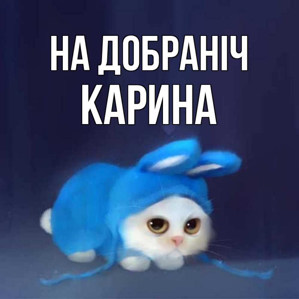 Открытка на каждый день з підписом, Карина На добраніч кот в голубом костюме кролика с ушками Прикольна листівка з побажанням онлайн скачати безкоштовно 