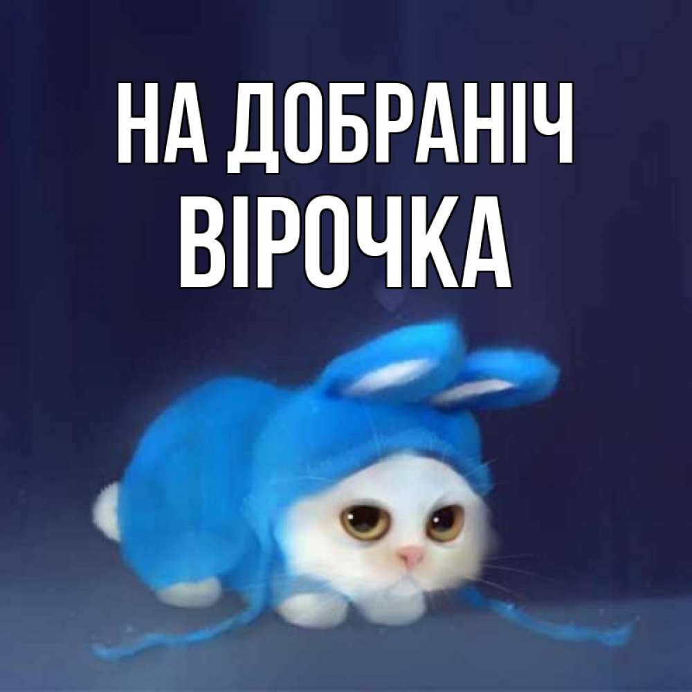 Открытка на каждый день з підписом, Вірочка На добраніч кот в голубом костюме кролика с ушками Прикольна листівка з побажанням онлайн скачати безкоштовно 