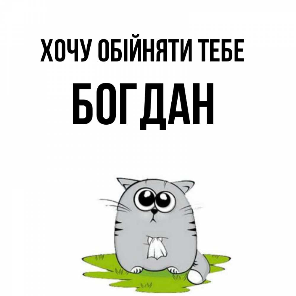 Открытка на каждый день з підписом, Богдан Хочу обійняти тебе котик теребит платочек сидя на травке Прикольна листівка з побажанням онлайн скачати безкоштовно 
