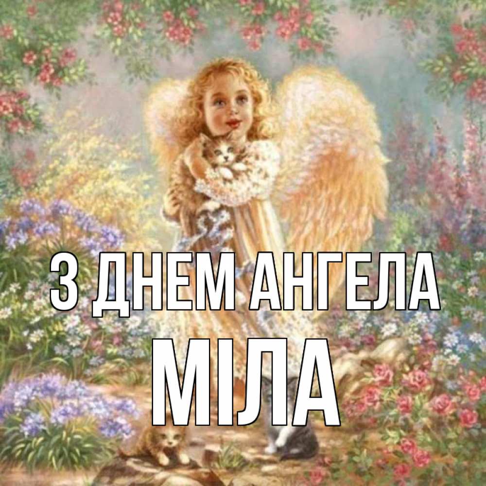Открытка на каждый день з підписом, Міла З Днем ангела держит котенка Прикольна листівка з побажанням онлайн скачати безкоштовно 