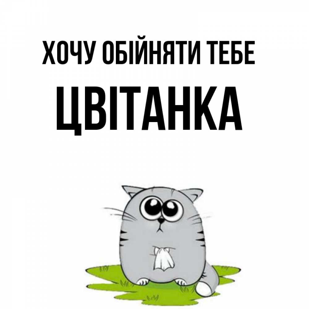 Открытка на каждый день з підписом, Цвітанка Хочу обійняти тебе котик теребит платочек сидя на травке Прикольна листівка з побажанням онлайн скачати безкоштовно 