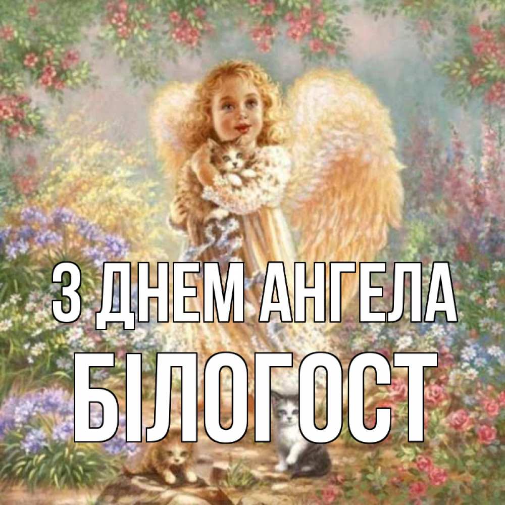 Открытка на каждый день з підписом, Білогост З Днем ангела держит котенка Прикольна листівка з побажанням онлайн скачати безкоштовно 