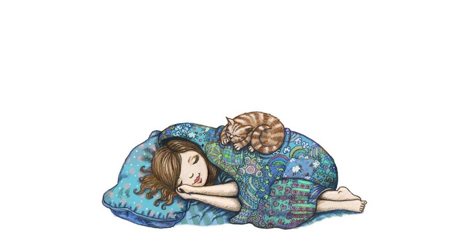 Открытка девочка спит с котом пожелания сладких снов для подруги На добраніч 