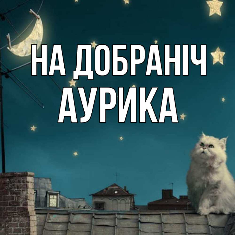 Открытка на каждый день з підписом, Аурика На добраніч белый кот сидит на крыше Прикольна листівка з побажанням онлайн скачати безкоштовно 