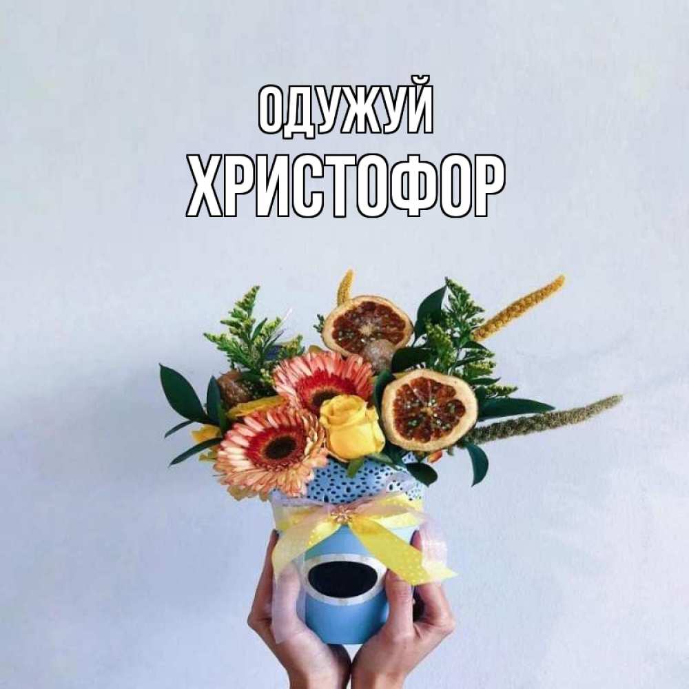 Открытка на каждый день з підписом, Христофор Одужуй в руках букет полезный Прикольна листівка з побажанням онлайн скачати безкоштовно 