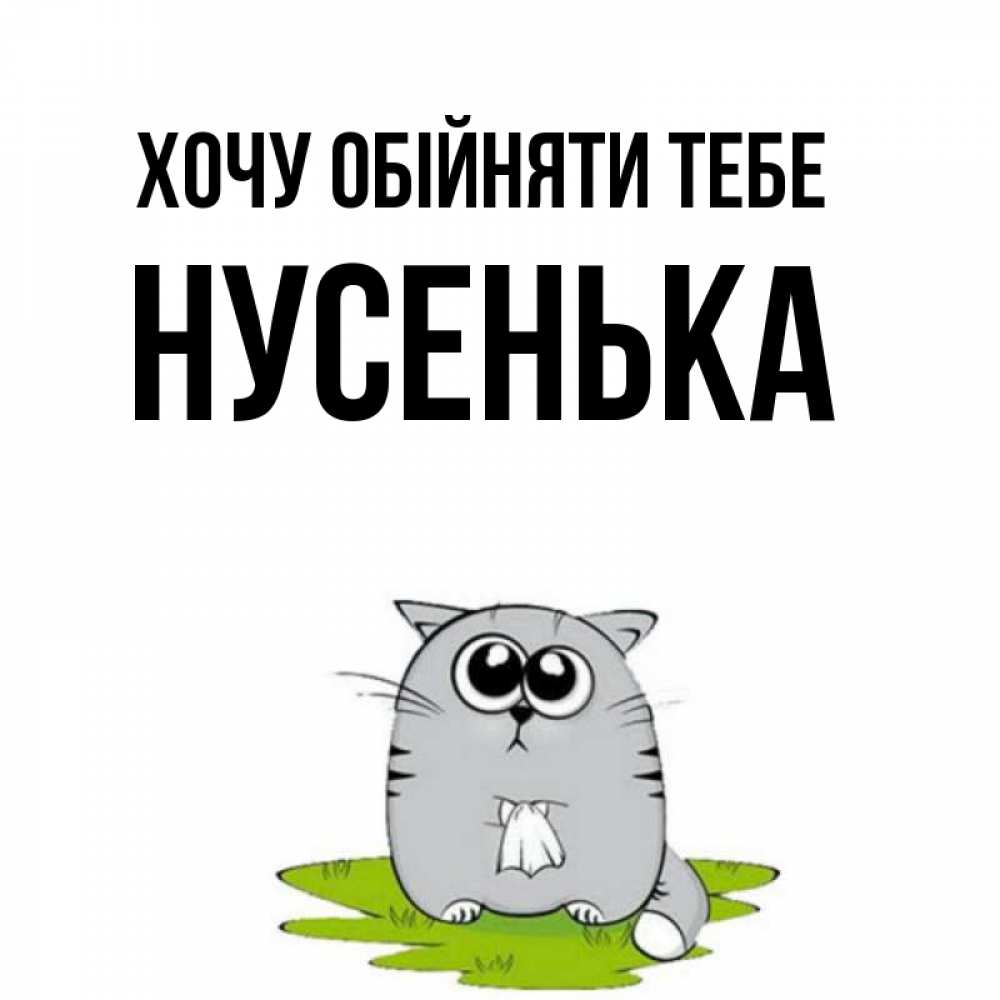 Открытка на каждый день з підписом, Нусенька Хочу обійняти тебе котик теребит платочек сидя на травке Прикольна листівка з побажанням онлайн скачати безкоштовно 
