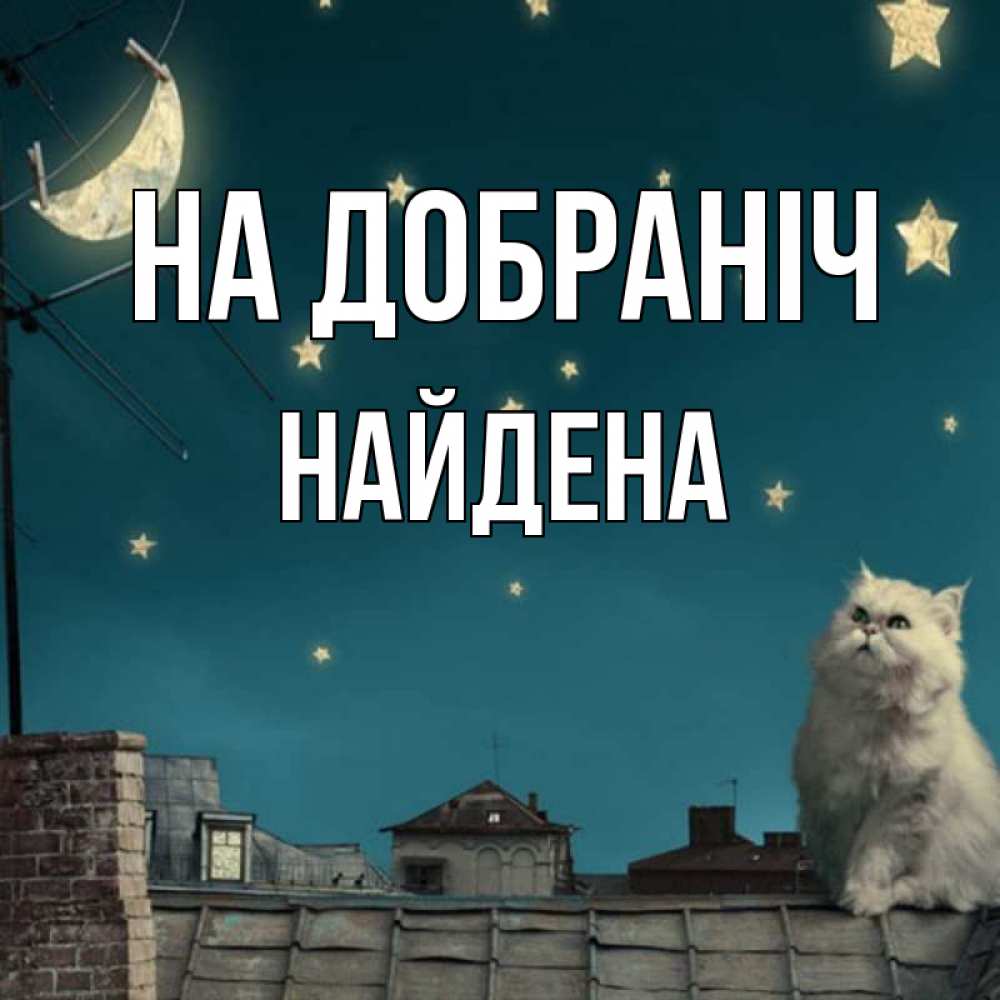 Открытка на каждый день з підписом, Найдена На добраніч белый кот сидит на крыше Прикольна листівка з побажанням онлайн скачати безкоштовно 