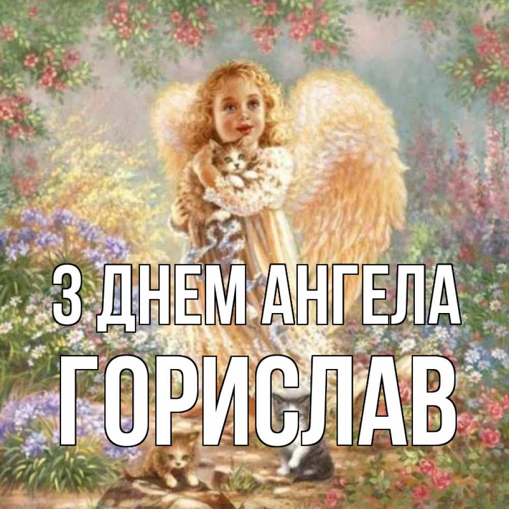 Открытка на каждый день з підписом, Горислав З Днем ангела держит котенка Прикольна листівка з побажанням онлайн скачати безкоштовно 