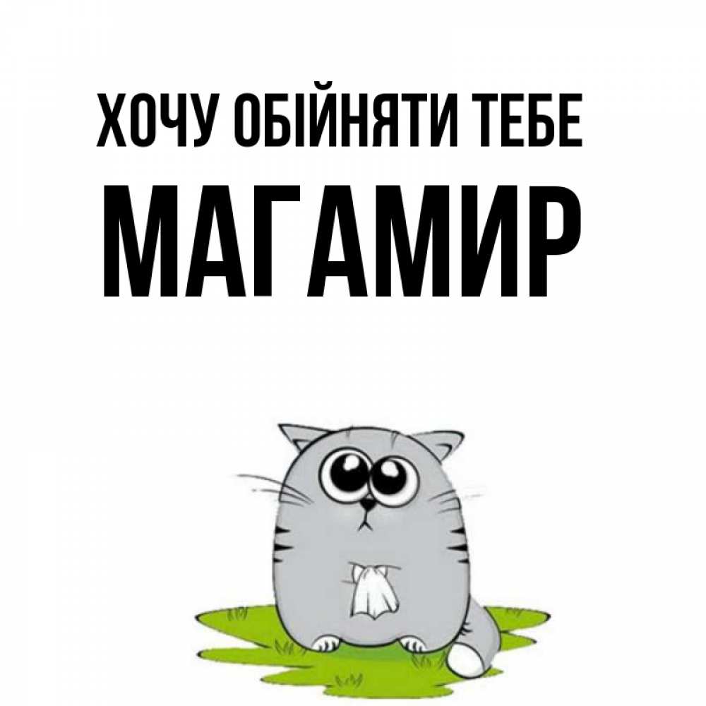 Открытка на каждый день з підписом, Магамир Хочу обійняти тебе котик теребит платочек сидя на травке Прикольна листівка з побажанням онлайн скачати безкоштовно 