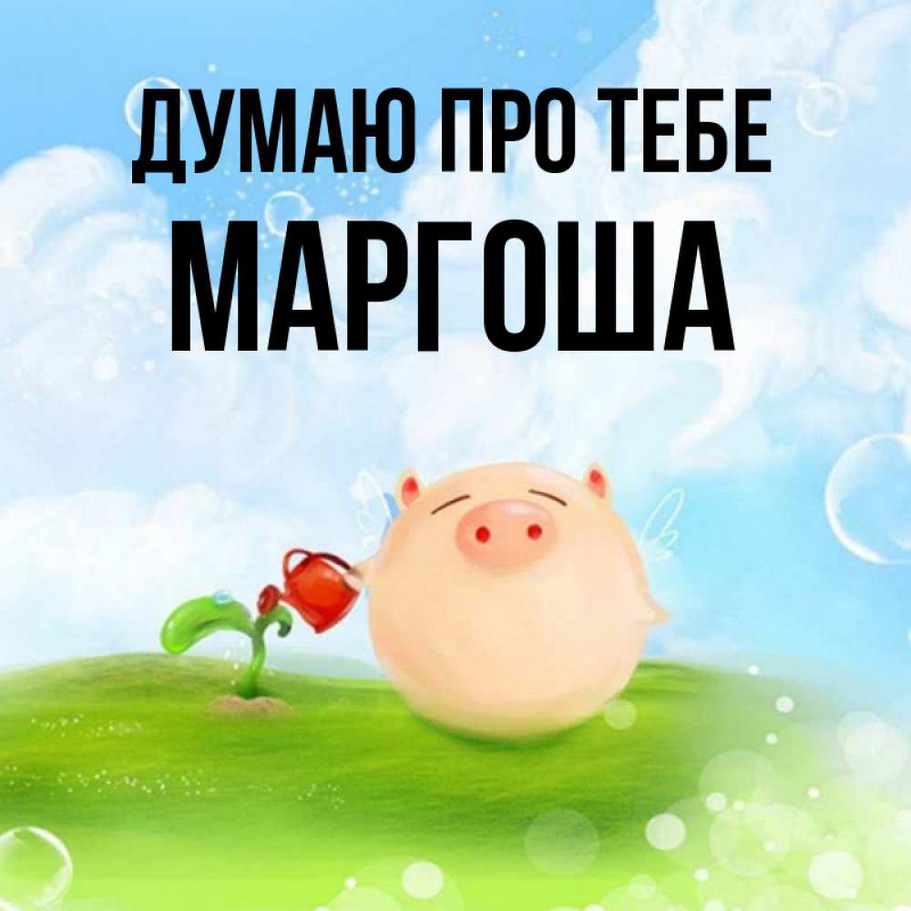 Открытка на каждый день з підписом, Маргоша Думаю про тебе позитивная свинюшка Прикольна листівка з побажанням онлайн скачати безкоштовно 