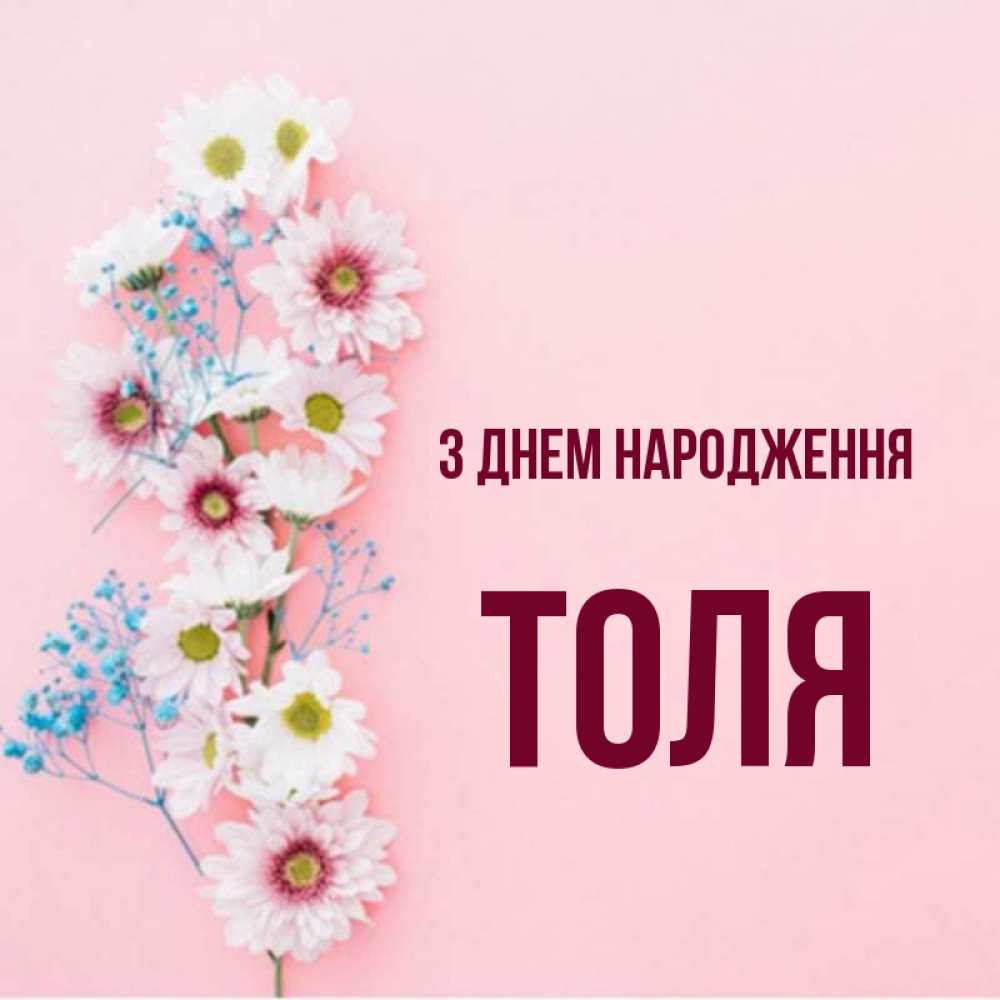 Открытка на каждый день з підписом, Толя З Днем народження Родная моя с днем рождения тебя картинка с цветами белыми и голубыми Прикольна листівка з побажанням онлайн скачати безкоштовно 