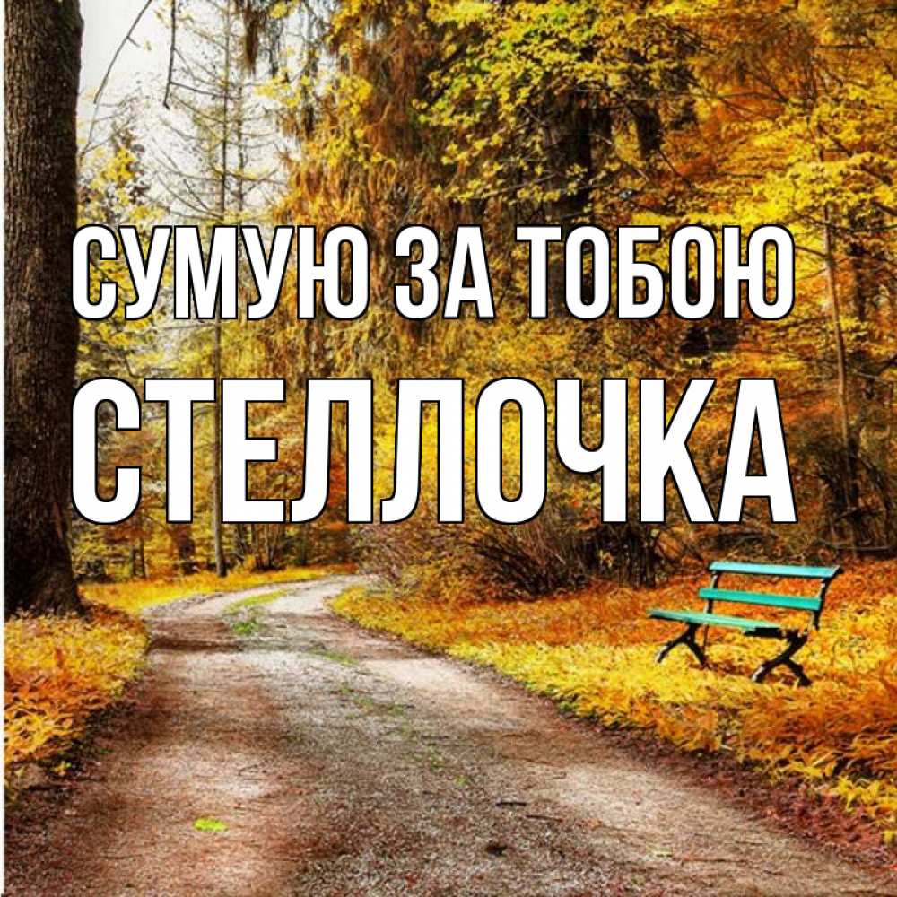 Открытка на каждый день з підписом, Стеллочка Сумую за тобою зеленая лавочка и осенний лес Прикольна листівка з побажанням онлайн скачати безкоштовно 