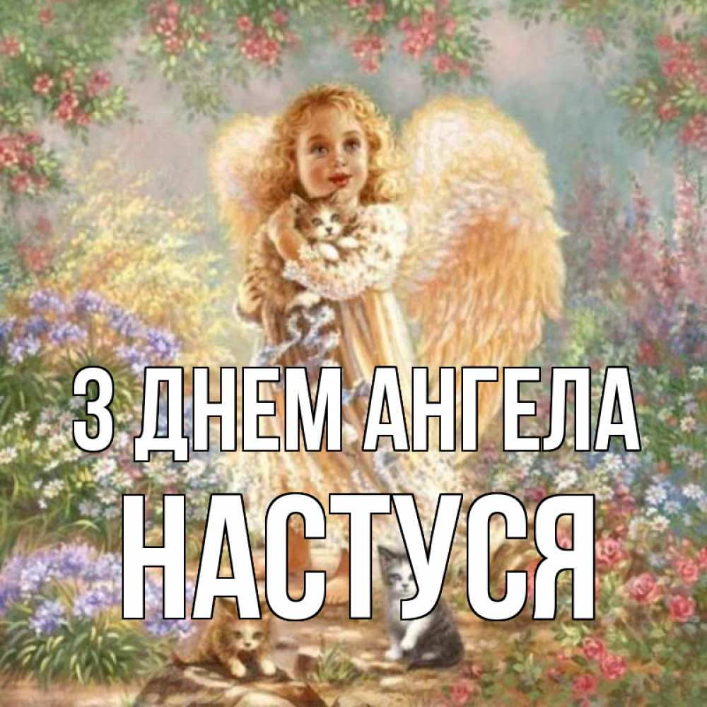 Открытка на каждый день з підписом, Настуся З Днем ангела держит котенка Прикольна листівка з побажанням онлайн скачати безкоштовно 