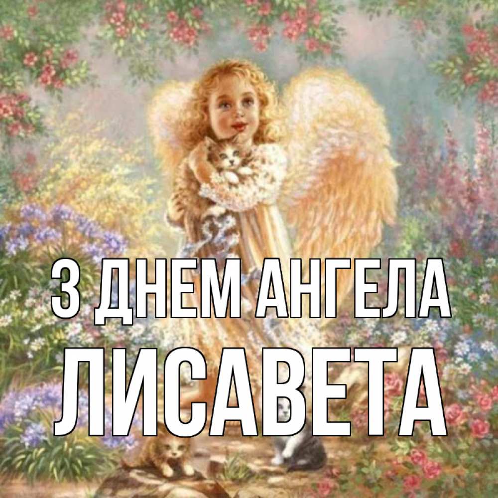 Открытка на каждый день з підписом, Лисавета З Днем ангела держит котенка Прикольна листівка з побажанням онлайн скачати безкоштовно 