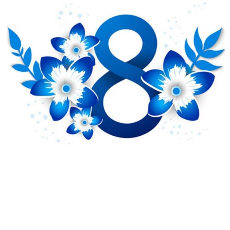 Открытка синяя цифра 8  цветы  З 8 БЕРЕЗНЯ 