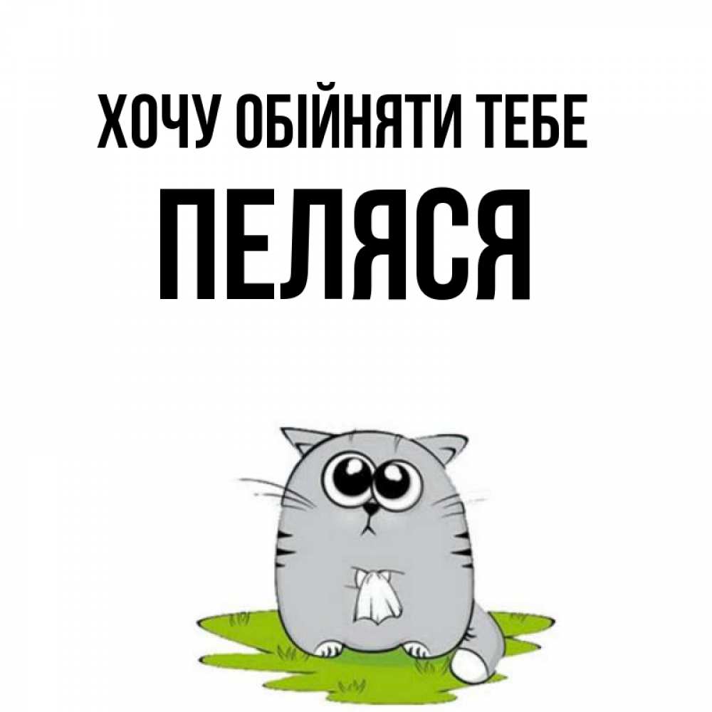 Открытка на каждый день з підписом, Пеляся Хочу обійняти тебе котик теребит платочек сидя на травке Прикольна листівка з побажанням онлайн скачати безкоштовно 