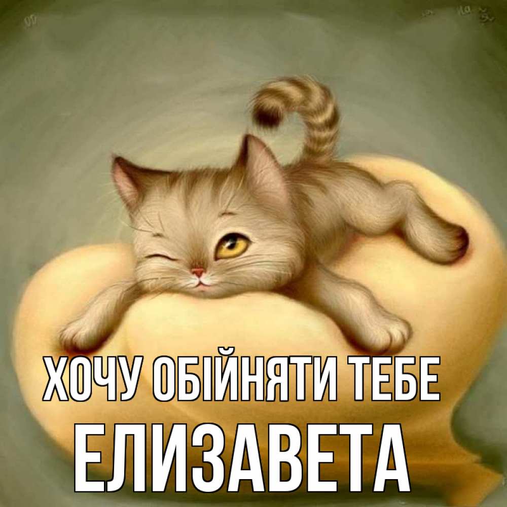 Открытка на каждый день з підписом, Елизавета Хочу обійняти тебе кошечка Прикольна листівка з побажанням онлайн скачати безкоштовно 