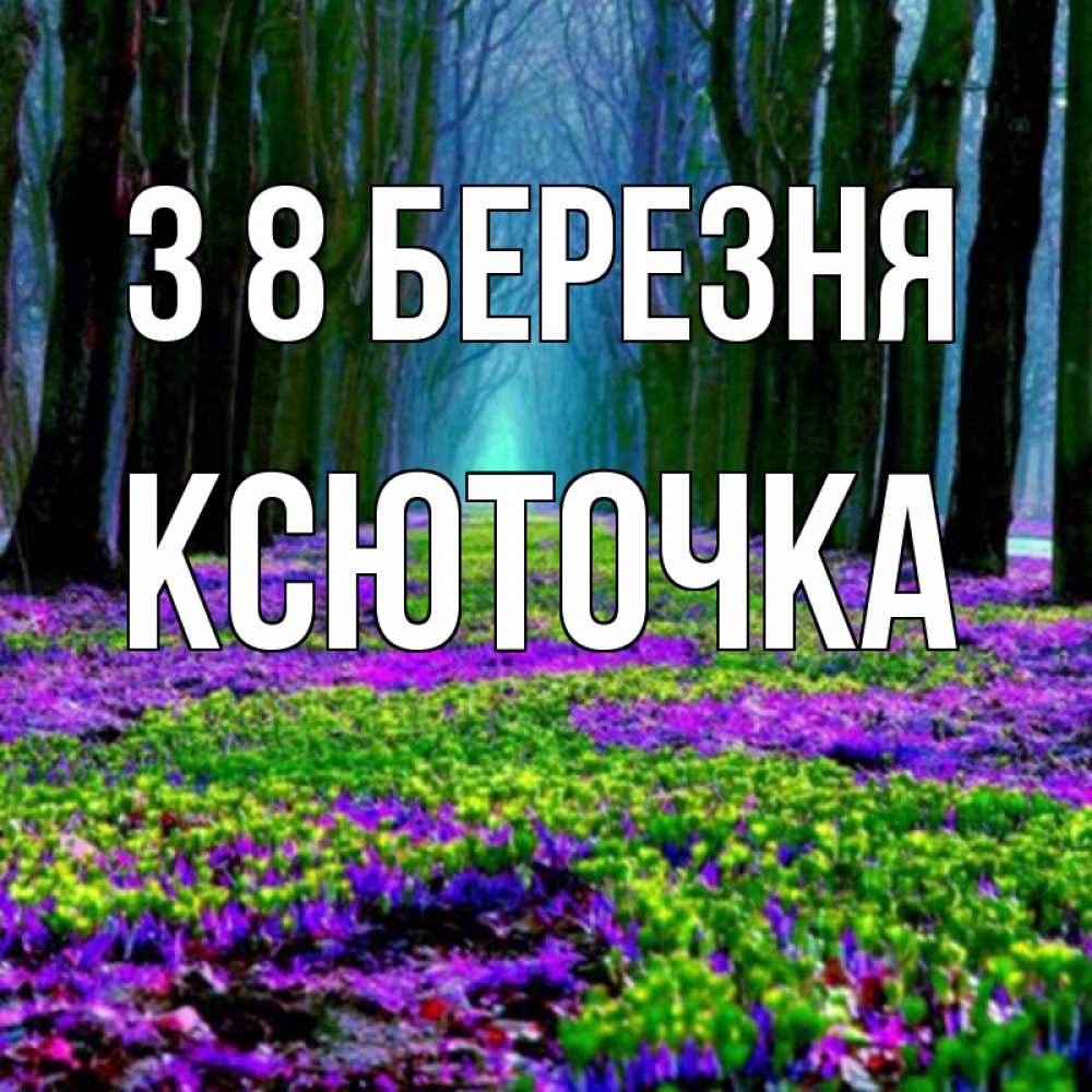 Открытка на каждый день з підписом, Ксюточка З 8 БЕРЕЗНЯ фиолетовые цветы в лесу 1 Прикольна листівка з побажанням онлайн скачати безкоштовно 