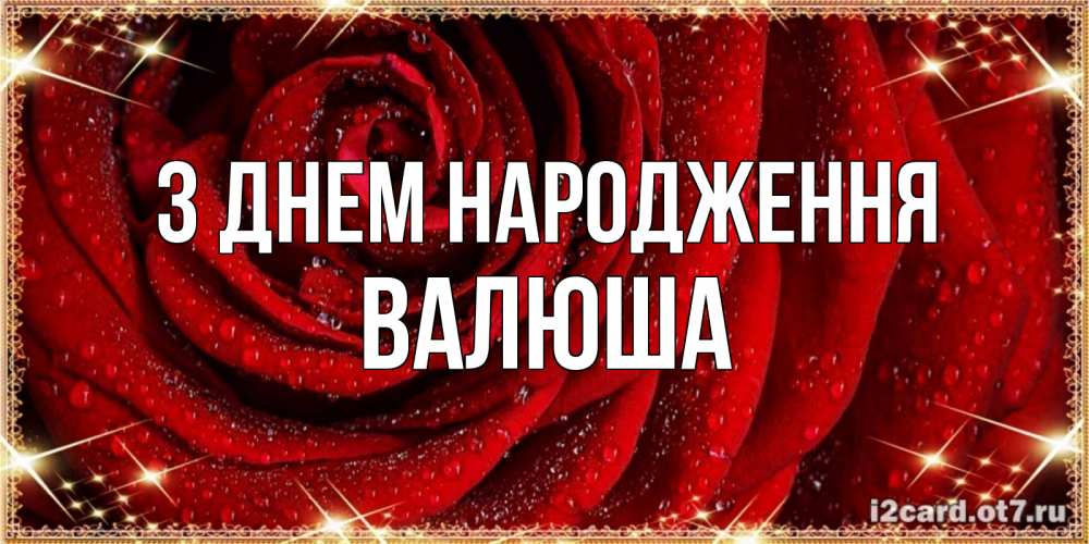 Открытка на каждый день з підписом, Валюша З Днем народження роса на розе блестящая в лучах солнца Прикольна листівка з побажанням онлайн скачати безкоштовно 