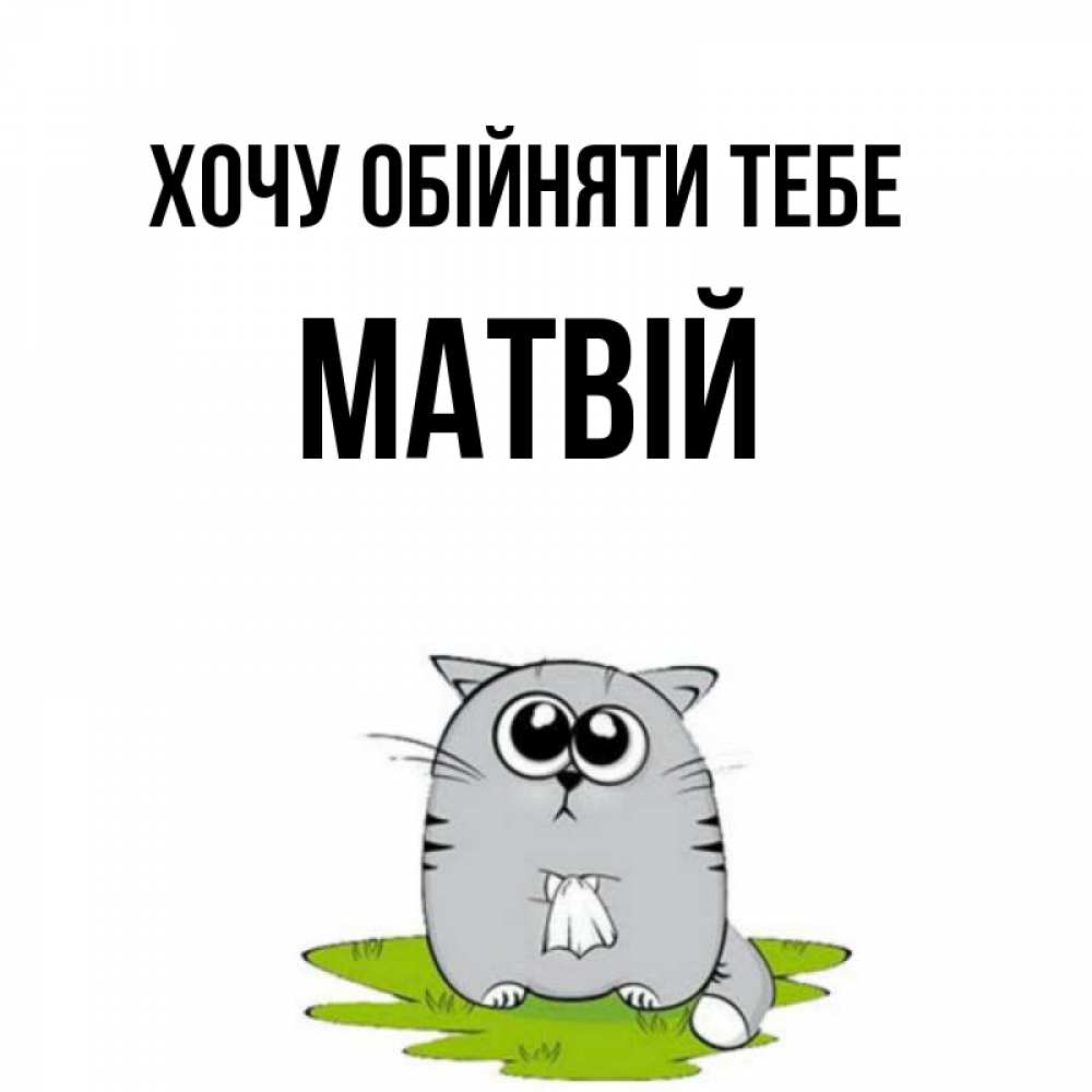 Открытка на каждый день з підписом, Матвій Хочу обійняти тебе котик теребит платочек сидя на травке Прикольна листівка з побажанням онлайн скачати безкоштовно 