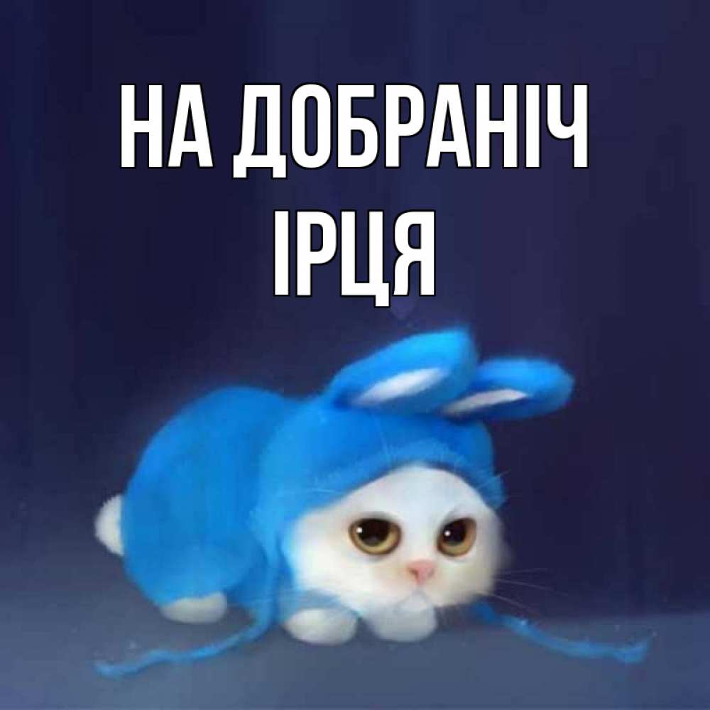 Открытка на каждый день з підписом, Ірця На добраніч кот в голубом костюме кролика с ушками Прикольна листівка з побажанням онлайн скачати безкоштовно 