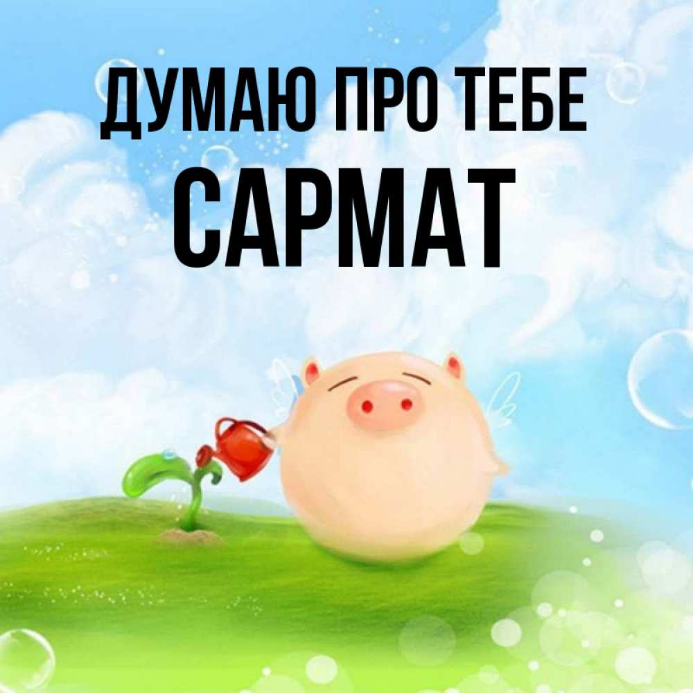 Открытка на каждый день з підписом, Сармат Думаю про тебе позитивная свинюшка Прикольна листівка з побажанням онлайн скачати безкоштовно 