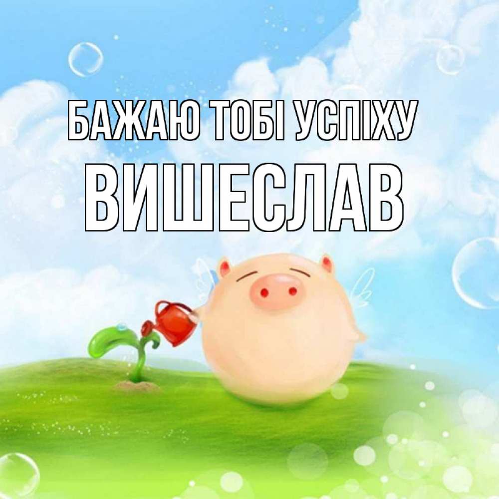Открытка на каждый день з підписом, Вишеслав Бажаю тобі успіху поросенок поливает цветок. летнее настроение Прикольна листівка з побажанням онлайн скачати безкоштовно 
