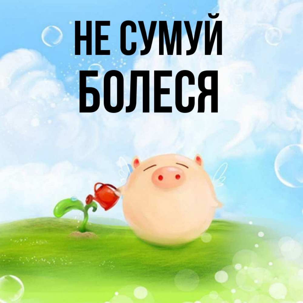 Открытка на каждый день з підписом, Болеся Не сумуй поливает цветок порося Прикольна листівка з побажанням онлайн скачати безкоштовно 