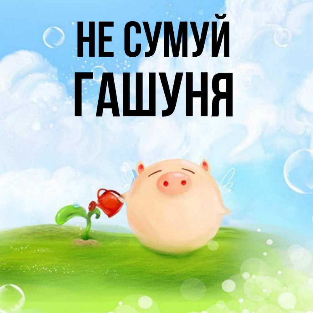 Открытка на каждый день з підписом, Гашуня Не сумуй поливает цветок порося Прикольна листівка з побажанням онлайн скачати безкоштовно 