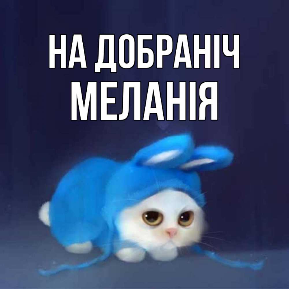 Открытка на каждый день з підписом, Меланія На добраніч кот в голубом костюме кролика с ушками Прикольна листівка з побажанням онлайн скачати безкоштовно 