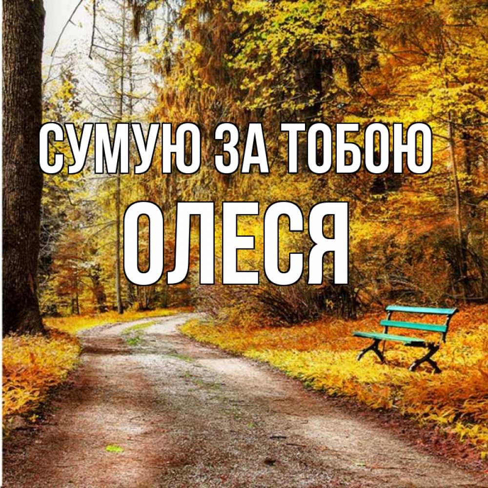Открытка на каждый день з підписом, Олеся Сумую за тобою зеленая лавочка и осенний лес Прикольна листівка з побажанням онлайн скачати безкоштовно 