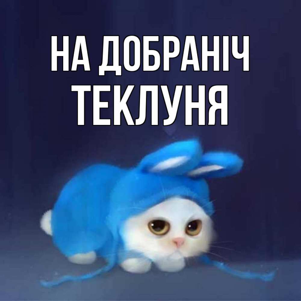 Открытка на каждый день з підписом, Теклуня На добраніч кот в голубом костюме кролика с ушками Прикольна листівка з побажанням онлайн скачати безкоштовно 