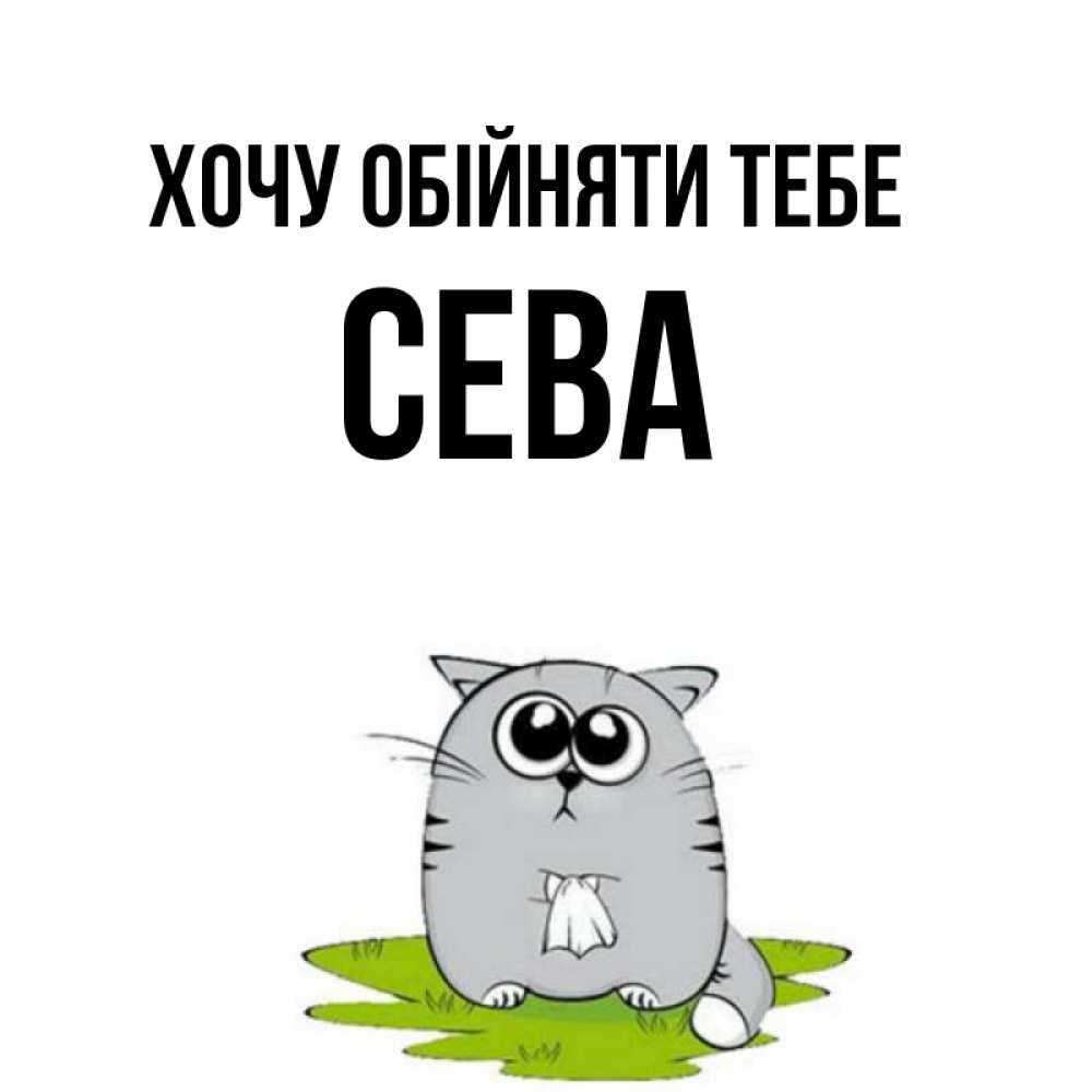 Открытка на каждый день з підписом, Сева Хочу обійняти тебе котик теребит платочек сидя на травке Прикольна листівка з побажанням онлайн скачати безкоштовно 
